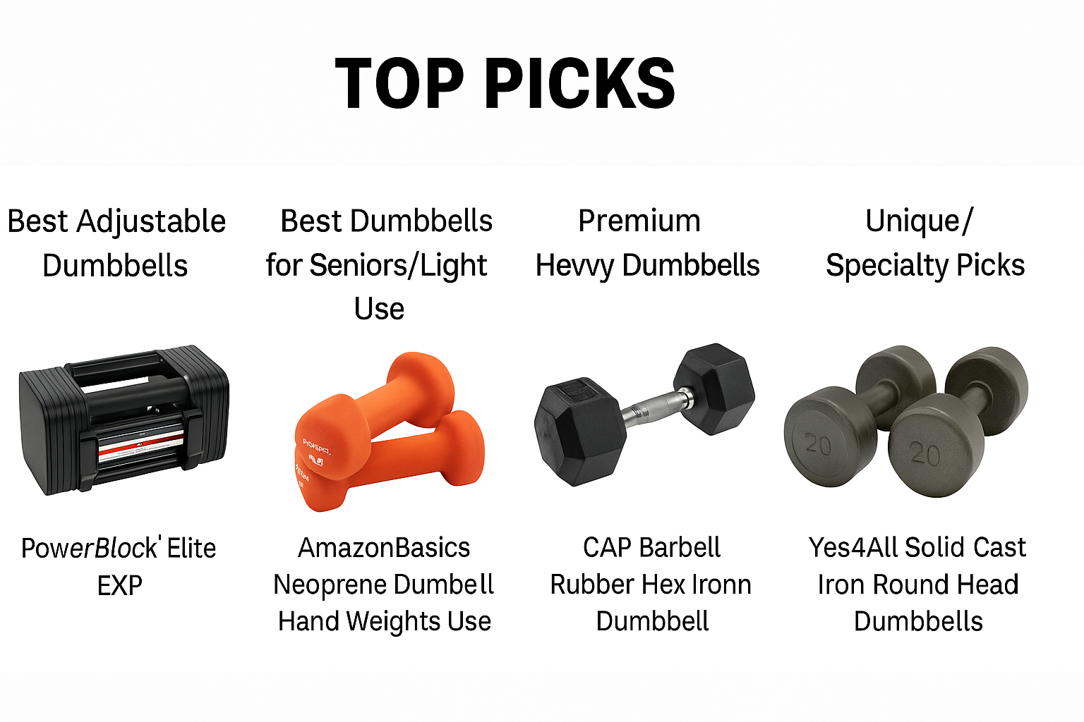 Comparison layout of top dumbbell picks: PowerBlock Elite EXP adjustable, AmazonBasics neoprene, CAP Barbell rubber hex, and Yes4All cast iron round