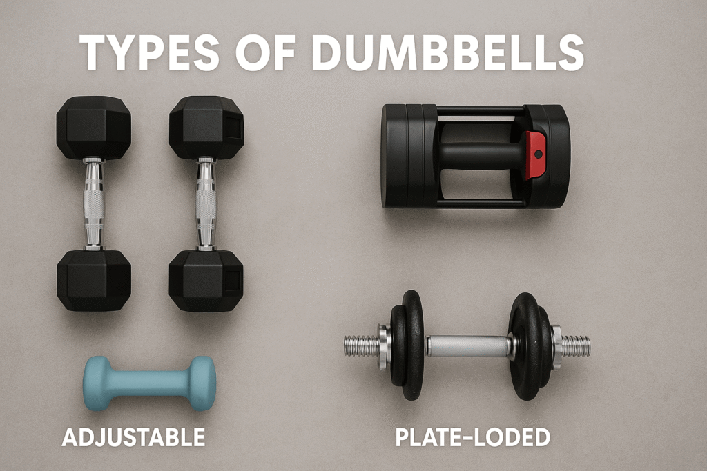 Flat-lay of four dumbbell styles—fixed rubber hex, adjustable dial, neoprene-coated, and plate-loaded—on a gray background with “TYPES OF DUMBBELLS” overlay