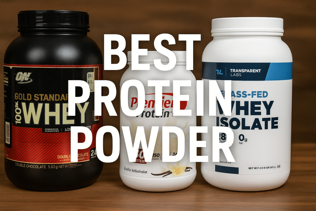 Three protein powder tubs—Optimum Nutrition Gold Standard 100% Whey, Premier Protein Vanilla Milkshake, and Transparent Labs Grass‑Fed Whey Isolate—lined up on a wooden surface with the bold text “BEST PROTEIN POWDER” overlaying the center against a softly blurred background.