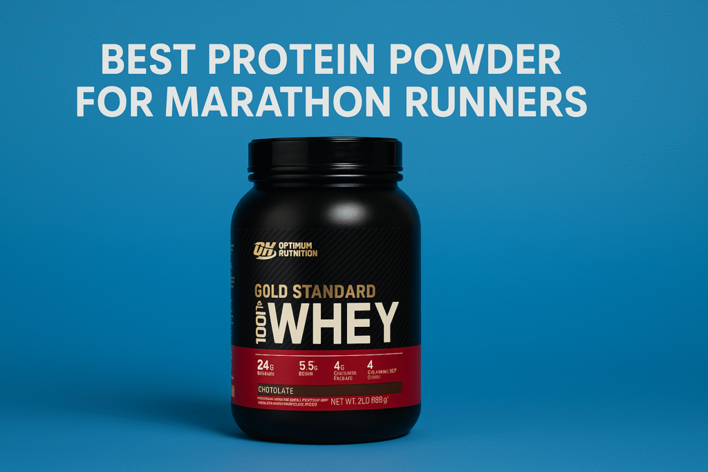 Container of Optimum Nutrition Gold Standard Whey Protein against a blue background with bold white text reading “Best Protein Powder for Marathon Runners.”