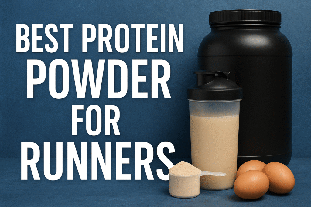 Matte black protein powder container, shaker bottle of creamy shake, scoop of powder and eggs on a blue background with text “Best Protein Powder for Runners”