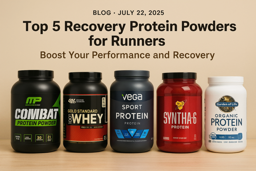 Five protein powder tubs (Combat Protein Powder, Gold Standard Whey, Vega Sport Protein, Syntha‑6 Protein, and Garden of Life Organic Protein) lined up on a light wooden surface against a warm beige backdrop, with the heading “Top 5 Recovery Protein Powders for Runners” emblazoned above them.